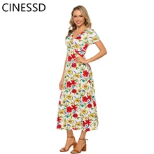 CINESSD Women Floral Print Long Dress Sexy V-neck Short Sleeves Bohemian A-Line Swing Loose Casual Party Lady Maxi Beach Dress floral long sleeves v neckline womens maxi dress