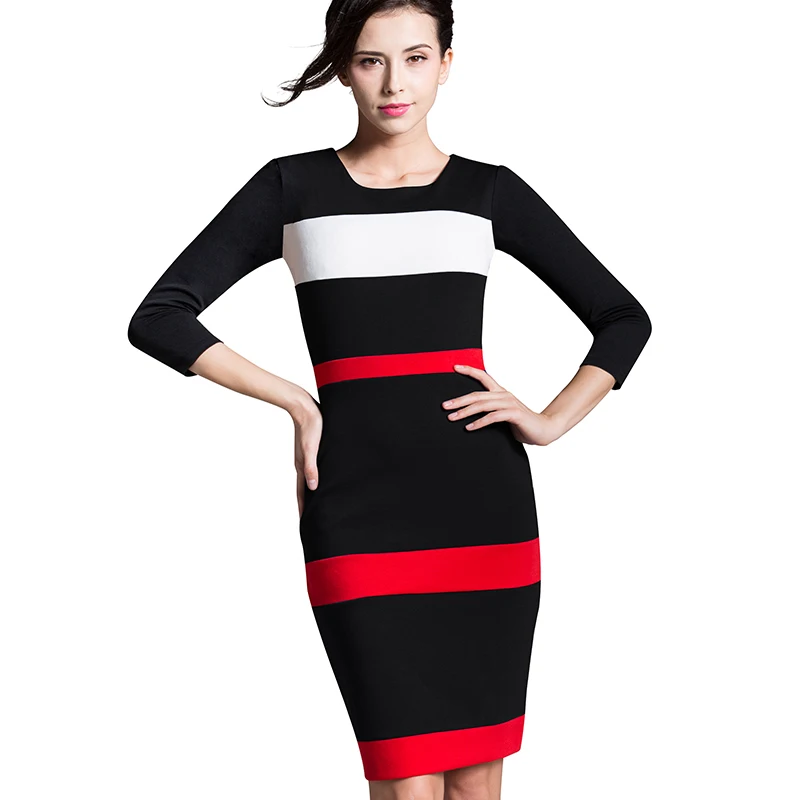 Sheath Patchwork Striped Elegant O-neck Bodycon Knee-length Office Dress