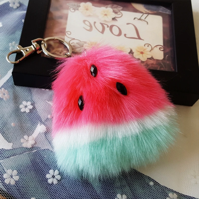 

Cute Pompom Keychains Watermelon Key Chain Fluffy Fake Rabbit Fur Car Keyring Girl Bag Key Ring Fashion Jewelry Accessories