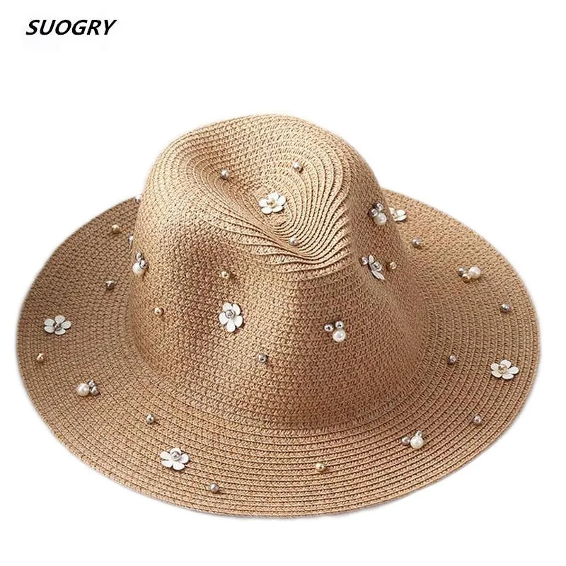 

2018 New Summer Women's Outdoor Sun Hats Solid Big Brim Straw Breathable Adjustable Snapback Hat Fashion Pearl Top Cap For Lady