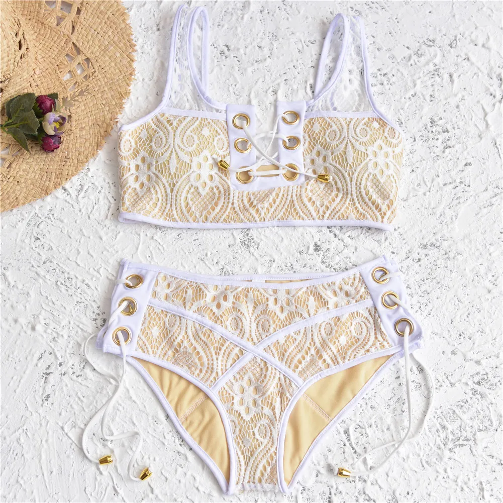 

Black White Lace High Waist Swimsuit Bikini Set 2019 Sexy Solid Bikinis Women Push Up Bra Bandage Female Swimwear Bathing Suit