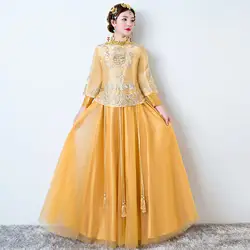 Золотой женский свадебный костюм традиционный ручной работы Кнопка Cheongsam китайский стиль невесты Свадебная вечеринка платье вышивка Vestidos