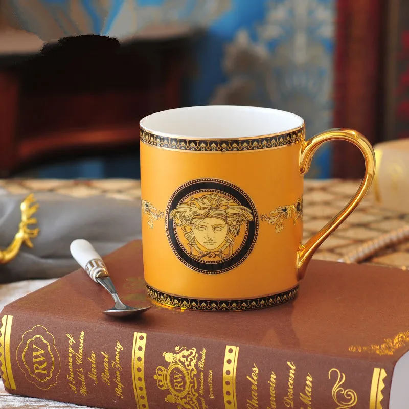 

European-style Golden Man Bone China Coffee Mug Whit Spoon High-grade Hand Painted Outline In Gold Ceramic Breakfast Cup