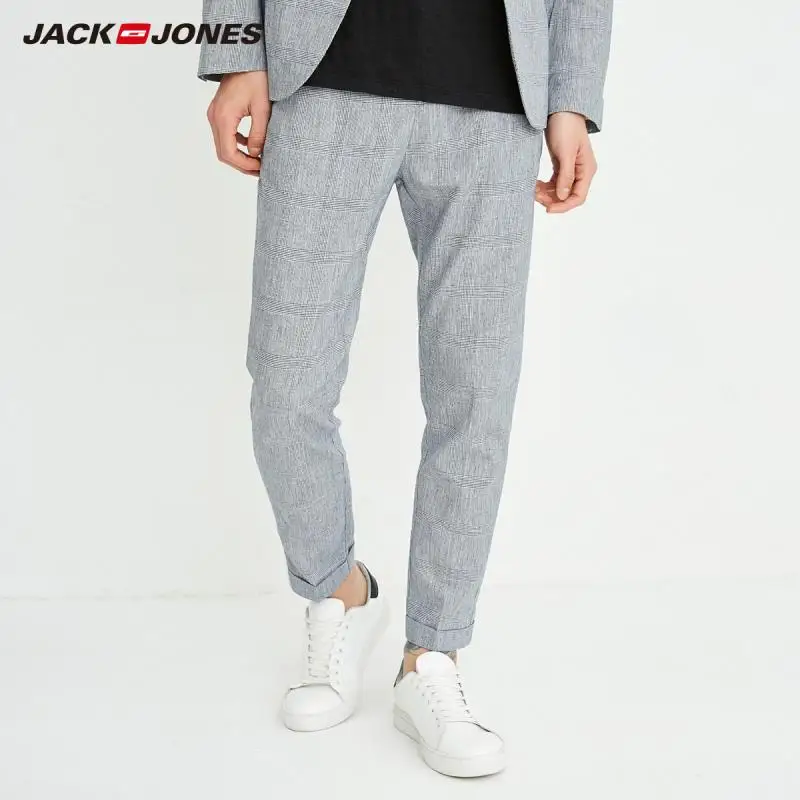 JackJones мужские хлопковые и льняные повседневные клетчатые брюки E | 218214503 Мужская