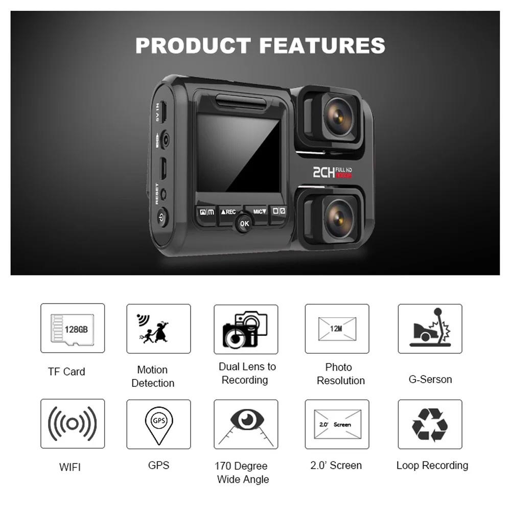 Автомобильный видеорегистратор с Wi Fi встроенный GPS две камеры full hd 1080P для