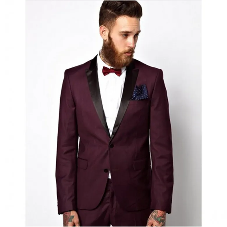 

High Quality Two Buttons Burgundy Groom Tuxedos Peak Lapel Groomsmen Best Man Mens Wedding Suit (Jacket+Pants+Tie) W:398