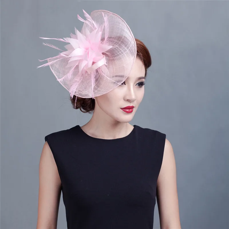 

ShanFu Elegant Pink Large Flower Feather Wedding Hat Charming Sinamay Fascinators Hair Bands for Women Fashion Headpiece
