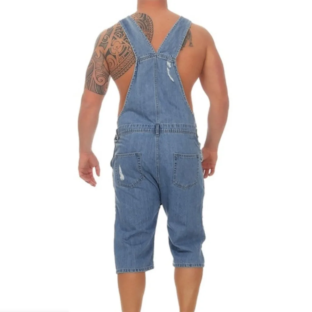 Ripped Jeans Men's Jumpsuits High Street Distressed Denim Bib Overalls For Man Knee Kength Jeans Wash Pocket Trousers Pants