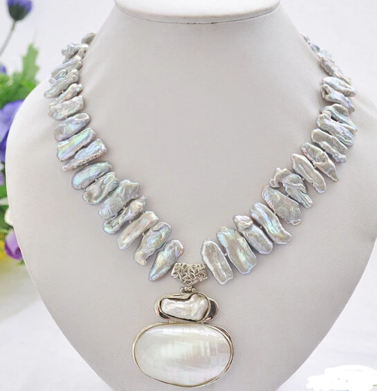 

Wholesale 100% Natural jewelry 17" 25mm gray biwa dens freshwater pearl necklace mabe pendant
