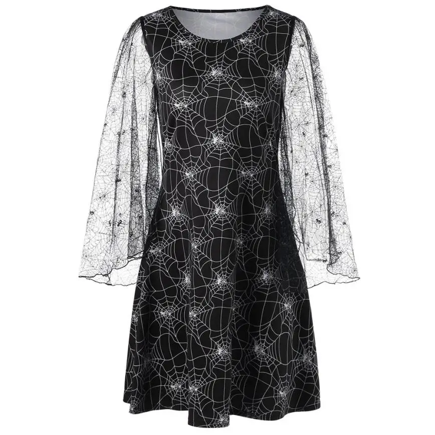 

Fast Sending Girl Women Loose Halloween Party Cobweb Print Yarn Long Sleeves Mini Dresses Party Props Costume Drop Shipping l816