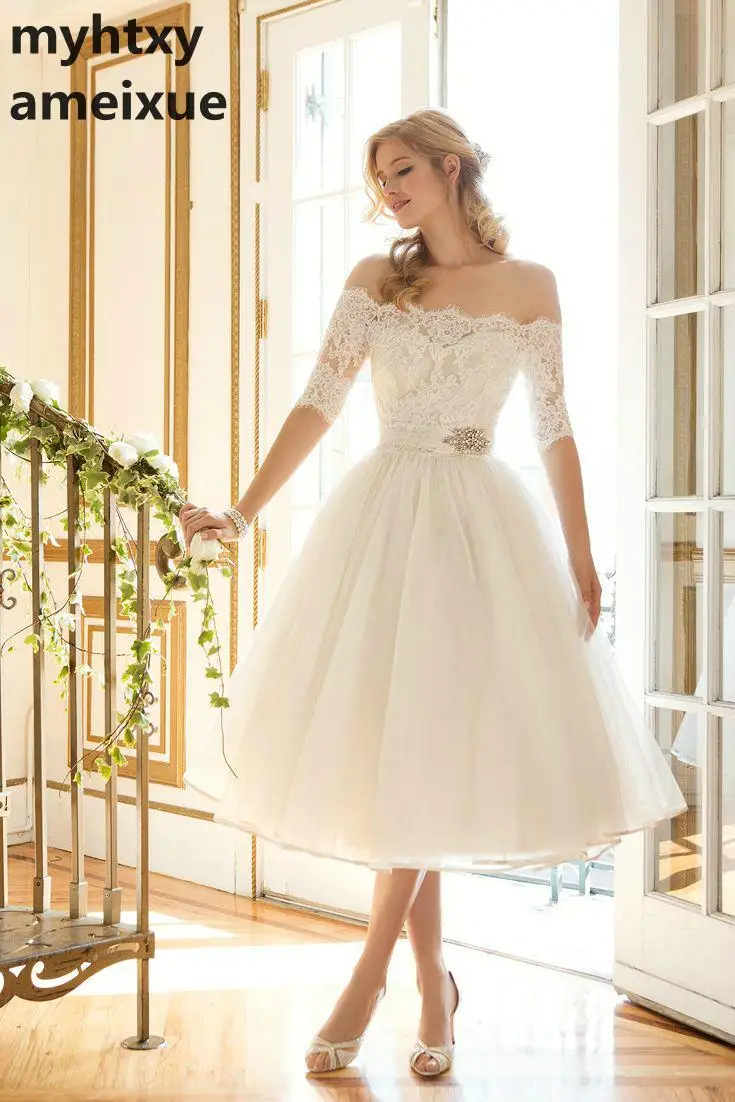 Элегантное недорогое свадебное платье с вырезом-лодочкой,, половинные рукава, Кружевная аппликация, свадебное бохо-платье невесты с открытыми плечами, до середины икры