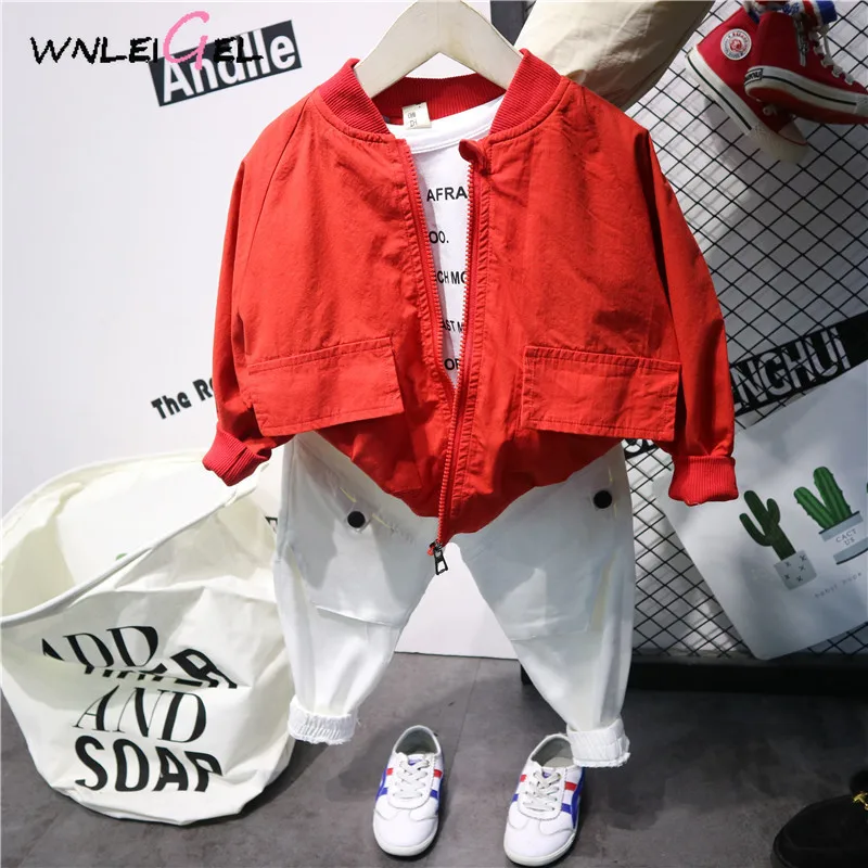 

3PCS WLG boys spring clothing set kids boy red blue zipper coat white letter printed t shirt and pant set children clothes 2-6T