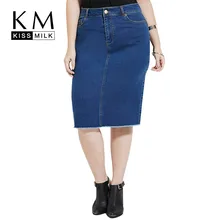 Kissmilk размера плюс Новая модная женская одежда повседневная Уличная однотонная Джинсовая Юбка До Колена джинсовая юбка с карманами 3XL 4XL 5XL 6XL