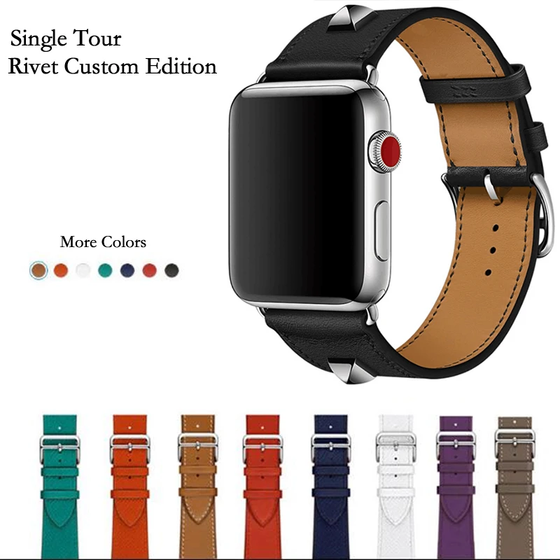 Billig 40mm 44mm Neueste Echtem Leder Niet Benutzerdefinierte Ausgabe Einzigen Tour Uhr band Strap Für herm Apple Uhr Serie 5 4 1 2 3 iWatch