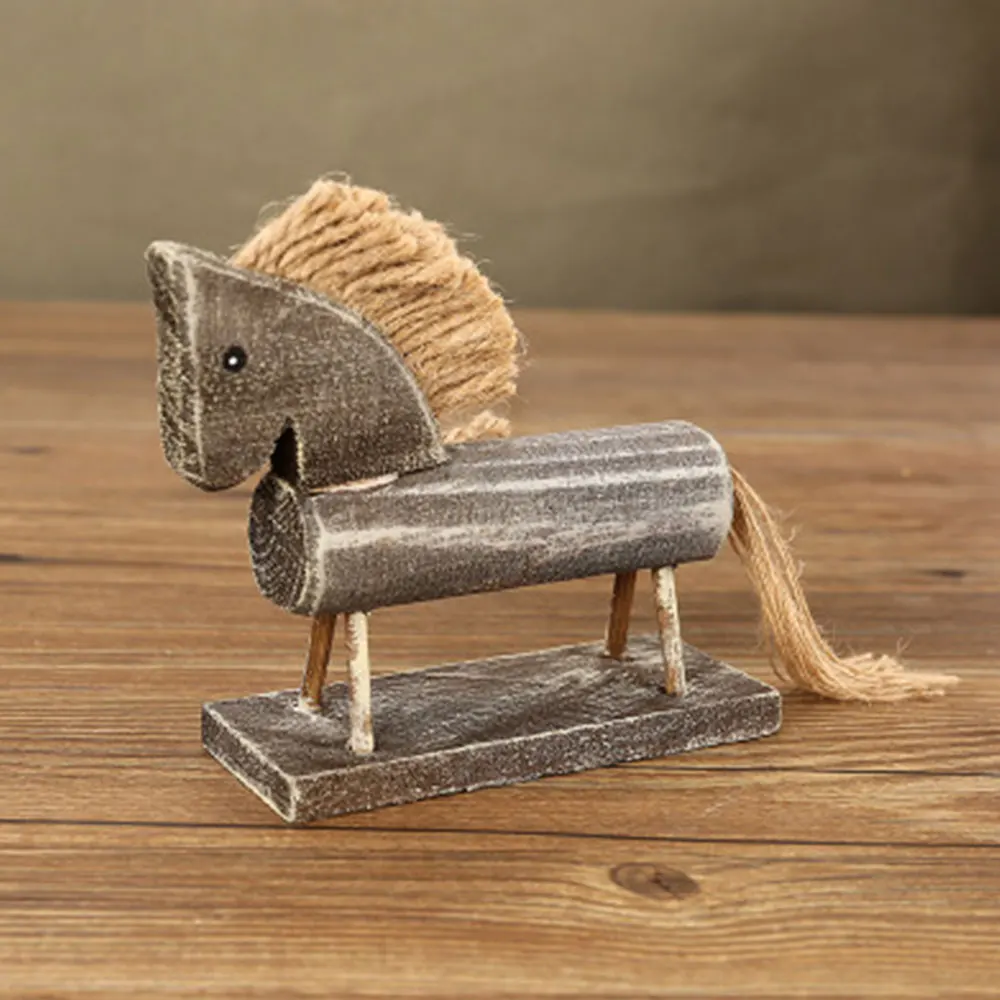Wooden Crafts Natural Wood Color Horse Design Figurines Table Desk