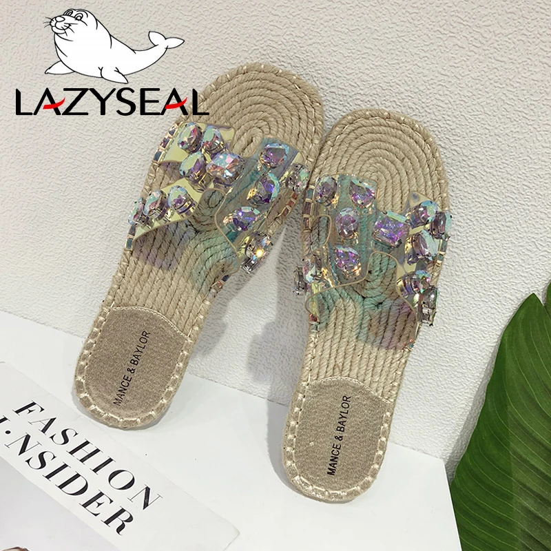 LazySeal/Вьетнамки; сезон лето; Mujer Zapatos; ; шлепанцы на плоской подошве с кристаллами; пляжные шлепанцы с прозрачными стразами и заклепками; женские шлепанцы