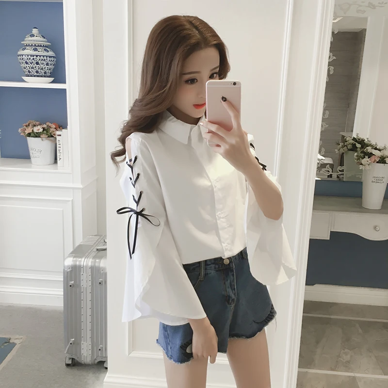 

Spring and Autumn New Loose Trumpet Sleeve Shirt Dew Shoulder Long Sleeve Top Ms. Fashion Joker Large Size Shirt