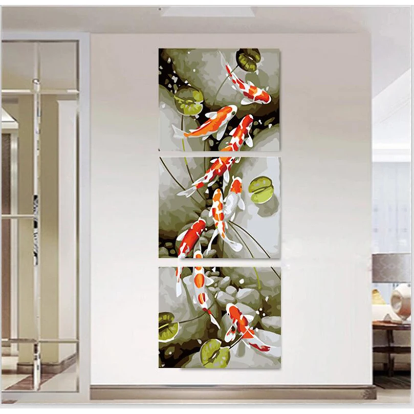 3 панели 40*50cmx3 рыбы и лотоса живопись по номерам холст маслом Картина стене плакат модульные картины Куадрос домашний декор RS194