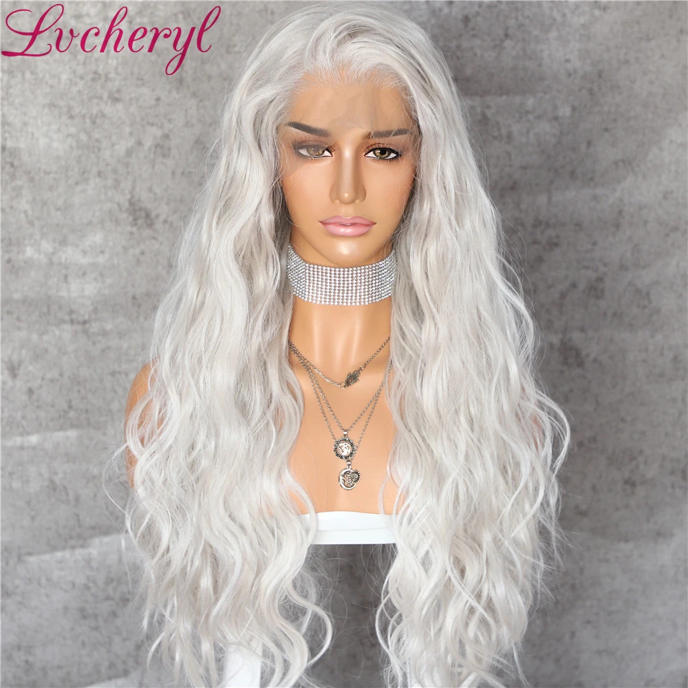 Lvcheryl синтетический Синтетические волосы на кружеве парик естественная волна Платиновый Серый 13x6 Синтетические волосы на кружеве парик Futura волосы парики шнурка - Цвет: Серый