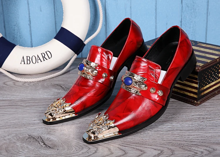Красная стрекоза Мокасины мужские кожаные традиционные ботинки в китайском стиле металлик Повседневное острый носок Мужская обувь без шнуровки Размеры US12