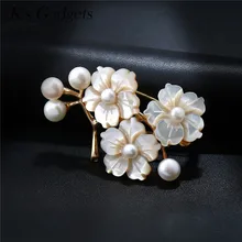 K’s Gadgets Vintage Flower Pins Brooches For Women Natural Shell Bouquet Fashion Pearl Dress Scarf Wedding Safety Pin Brooch