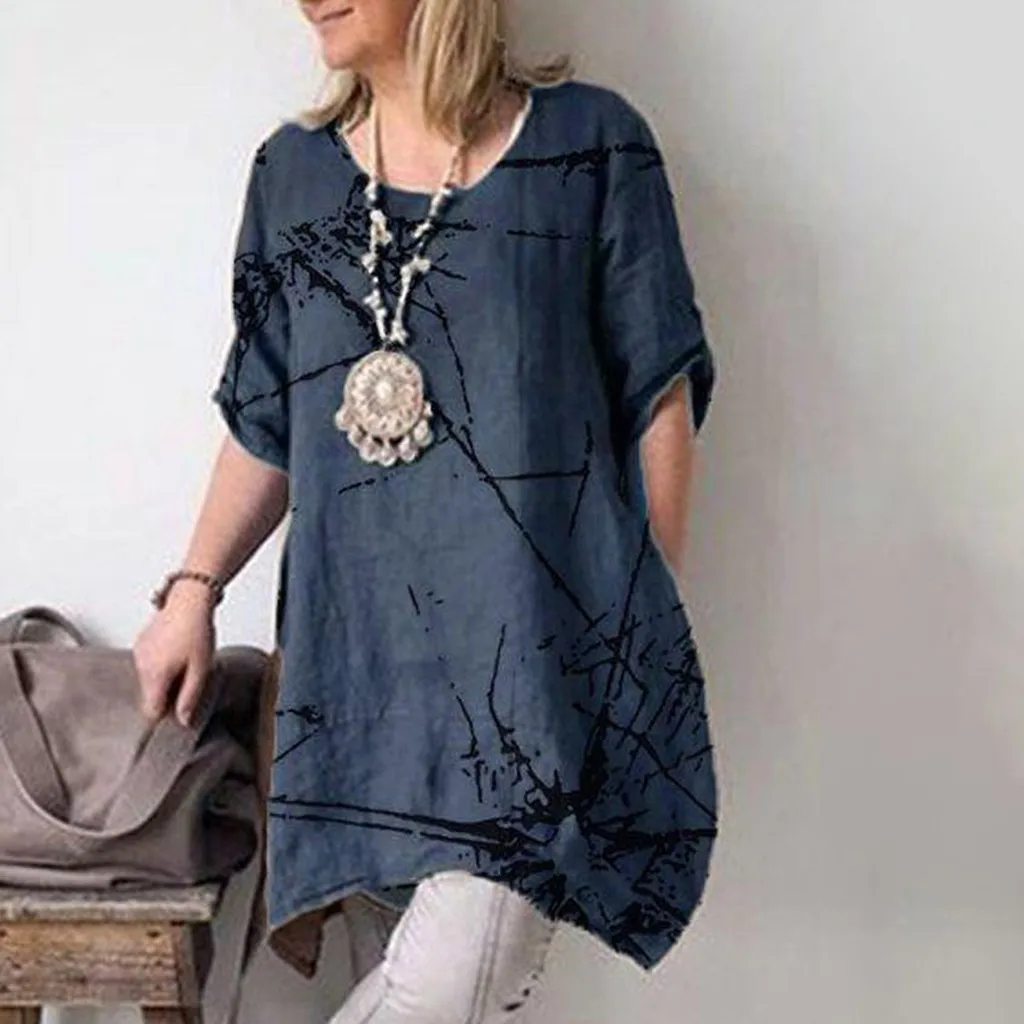 

Women Plus Size Summer Blouse Casual Short Sleeve Round Neck Printed Tops Loose Blouse womens tops and blouses camisas mujer
