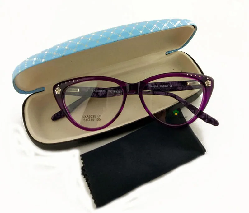 Новинка, оправа для очков "Кошка", очки, ацетат, очки, хороший дизайн, женские очки с бриллиантами, цветы, женские оправа, демисезонные, красные, трендовые - Цвет оправы: purple  and box