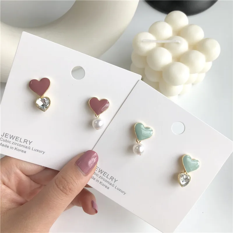 

Pink Hearts Rhinestone Asymmetric Trendy Earrings 925 Silver Needle Korean Fashion Simulated-pearl Drop Earrings