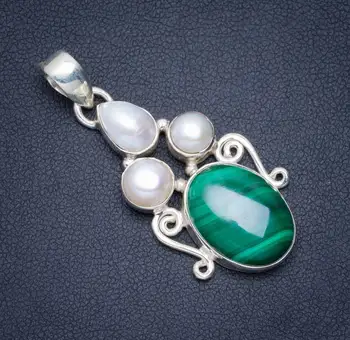 

Natural Malachite and River Pearl Handmade Unique 925 Sterling Silver Pendant 1.75" A0139