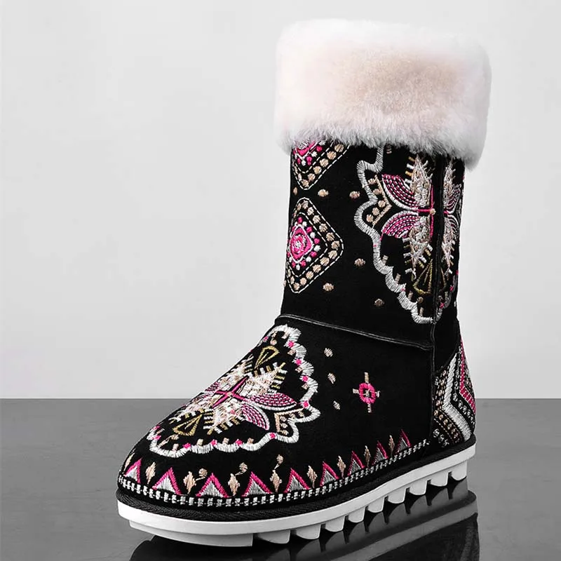 

Embroidery Women Flats Shoes Women Round Toe Snow Boots Winter Full Grain Leather Black Ankle Boots Motorcycle Sale Hot