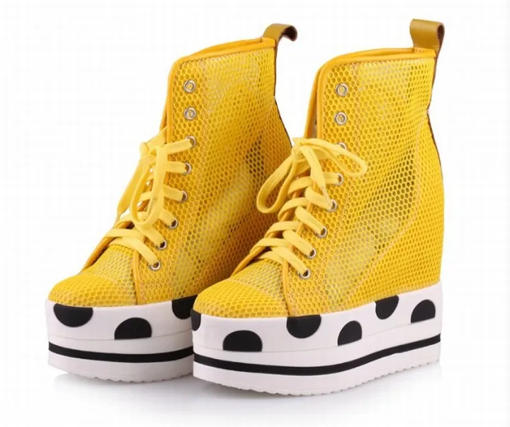 

2017 women high top platform wedge shoes high heels lace up hidden height increasing breathable white woman casual shoes ladies