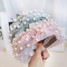 Корейская Минималистичная однотонная плиссированная широкая головная повязка для женщин шикарный искусственный жемчуг бисерный обруч для волос твист завязанный стильный ободок для волос