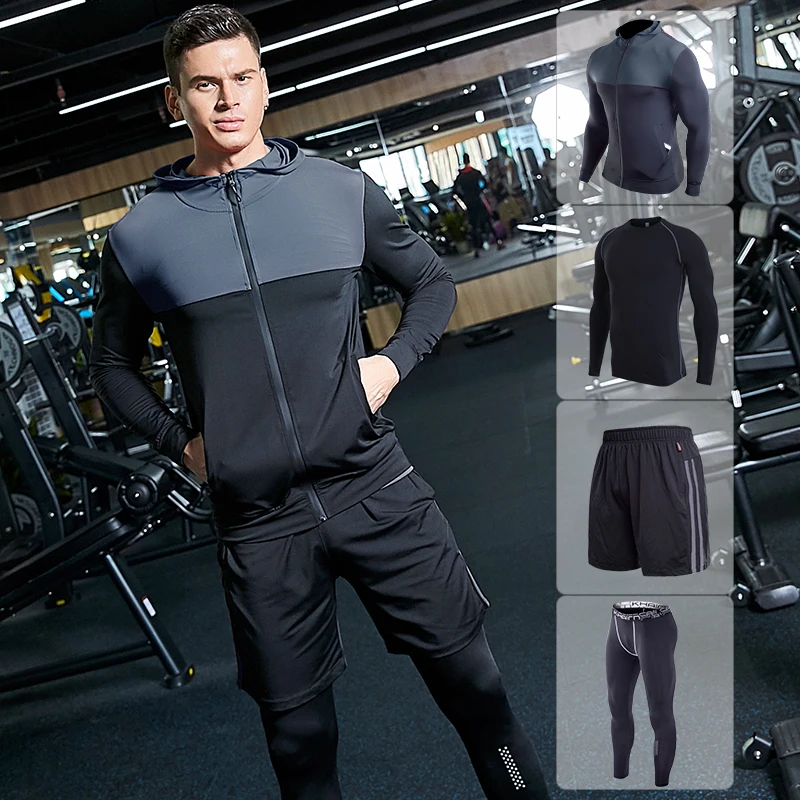 Мужская спортивная одежда для бега и бега, тренировочный костюм, 4 шт., мужская спортивная одежда для тренировок, фитнеса, занятий спортом, тренировочные костюмы