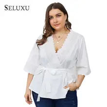 Seluxu 2019 Women Shirt Plus Size Shirt V-Neck Solid Color Sashes Bow Half Sleeve Women Shirt Sexy Large Size Women Shirt sexy style jewel neck solid color voile splicing half sleeve t shirt for women