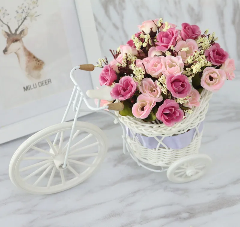 Flone High Quality Artificial Flower Car Simulation  Rattan Bicycle Flowers Set Vase + Flowers Home Office Decor Birthday Gift (23)