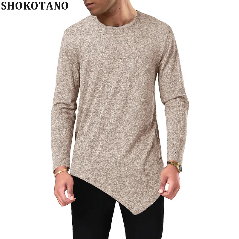 

SHOKOTANO Extend Tail T-Shirt Men Long Sleeve Side Pocket Hipster T Shirt Men Hip Hop Irregular Hem Street Wear TShirt