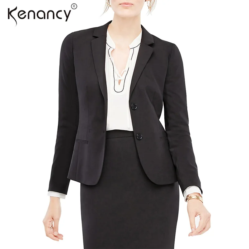 

Kenancy Women Black Blazer Turn-Down Collar Two Button Perfect Work Business Casual Office Long Sleeve Elegant Jacket Slim