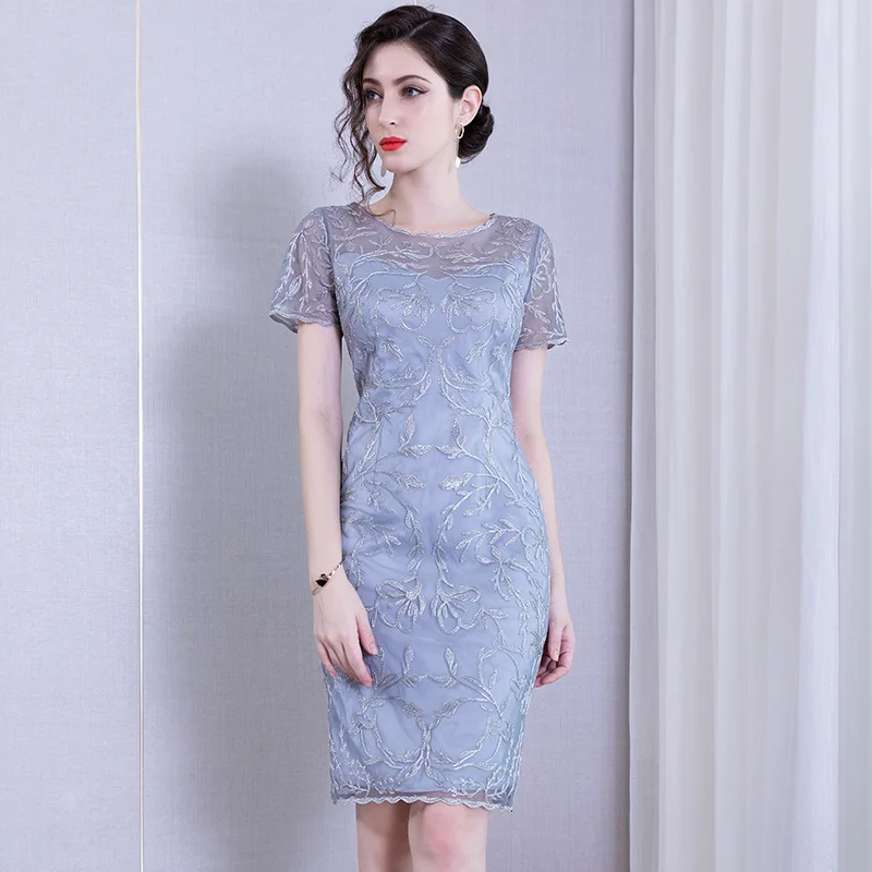 XXXXL Dress Vestidos Summer Fashion Party Cocktail Women Allover Exquisite Embroidery Short Sleeve Bodycon Sheath Dress