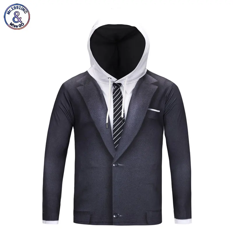

Mr.1991INC Fake Two Pieces Style T-shirt Men/Women Long Sleeve Hooded T-shirts With Hat Print Suit Tops Cool Hoody Tops Tees