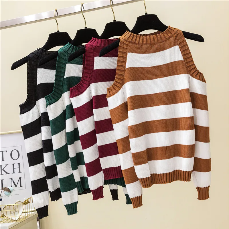 

Striped Pullovers Sweaters Women Knitted Off Shoulder Slim Pullover Sweater For Female