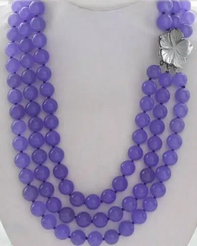 

3row AAA+ 8mm Purple round jade bead necklace shell flower BV353 5.27