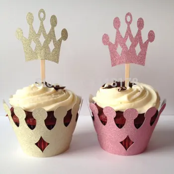

Glitter Princess Crown Cupcake Wrappers holders wedding Valentine's day bridal shower cake wrapper with toppers set Supplies