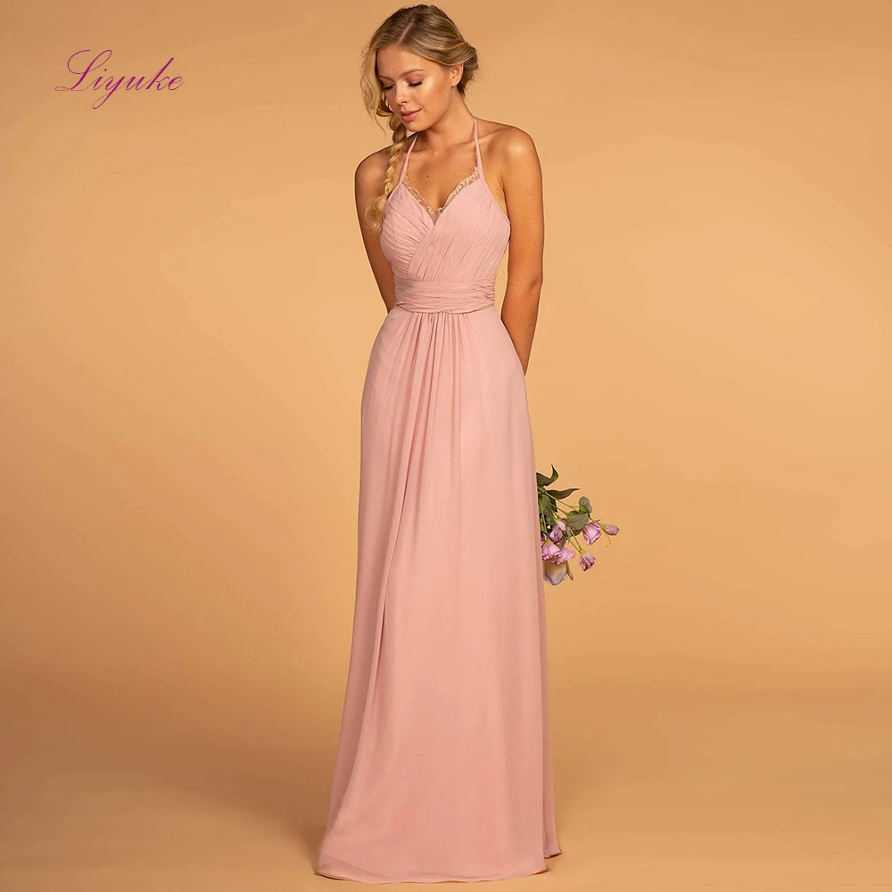 

Liyuke A line Bridesmaid Dress Long Dress Chiffon Halter Little Lace Appliques Customized Free Shipping