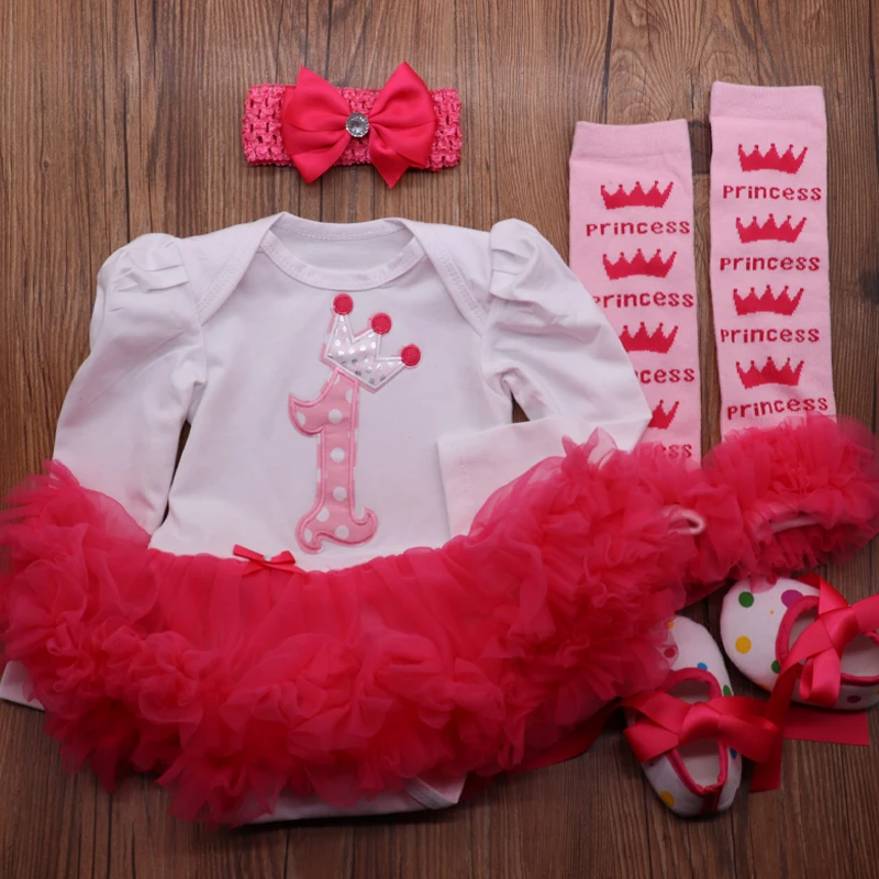 

Beauty Party Dresses Baby Girl Crown Tutu Dress Infant 1st Birthday Party Outfit Leg Warmers Shoes Headband Infant Girls 4pc/Set