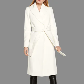 

New Elegant Women Autumn Winter Coats Solid Simple White Turndown Collar Long Sleeve Office Lady Wear Long Coat Party Vestidos