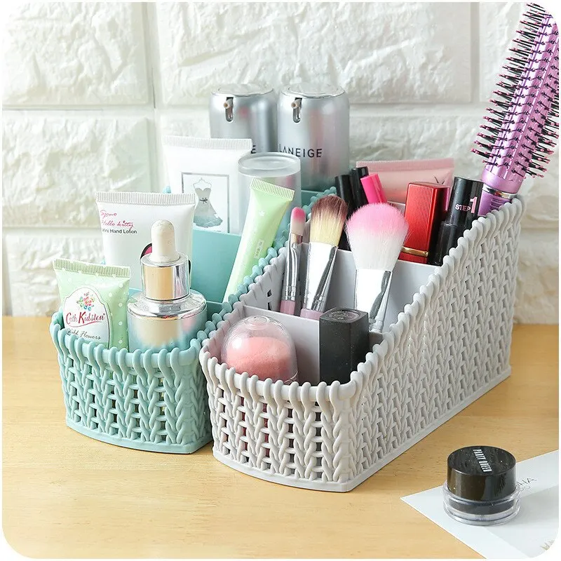 

Hifuar Imitation Rattan Baskets Makeup Organizer Cosmetics Box Plastic Desktop Sundries Storage Basket For Bathroom A