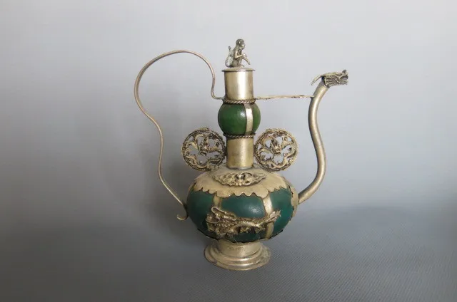 

collection Old Qing Dynasty silver&Jade teapot\flagon,Free shipping