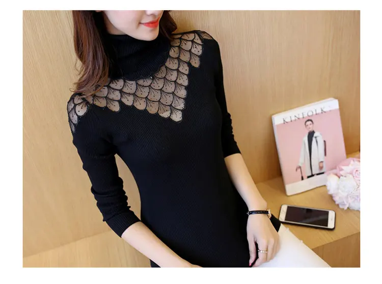 2019 Women Sweater Pullovers Soft Lace Knitted Sweater Ladies Jumper Diamond Pattern Long Sleeve Turtleneck Pullovers Femme Hiver (6)