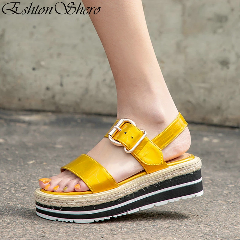 

EshtonShero Sandals Cow Leather Wedge Med Heels Women Buckle Pumps Ankle Strap Round Toe Yellow Summer Ladies Shoes Size 3-8