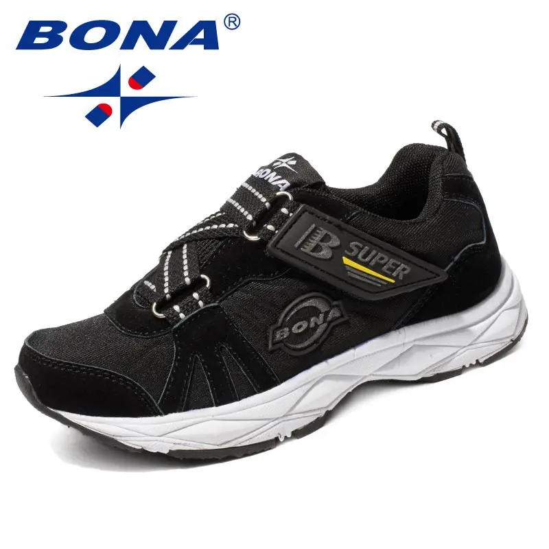 BONA/ популярный стиль; детская повседневная обувь; синтетическая обувь для девочек на плоской подошве; лоферы на липучке для мальчиков; уличные модные кроссовки - Цвет: BLACK